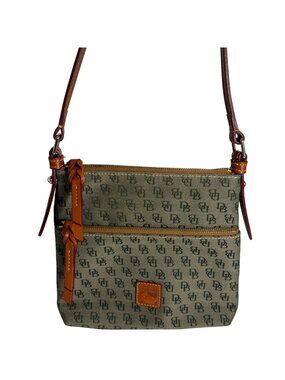 Dooney Bourke Khaki/Brown Canvas Logo Leather Trim Compact Shoulder Bag VGUC